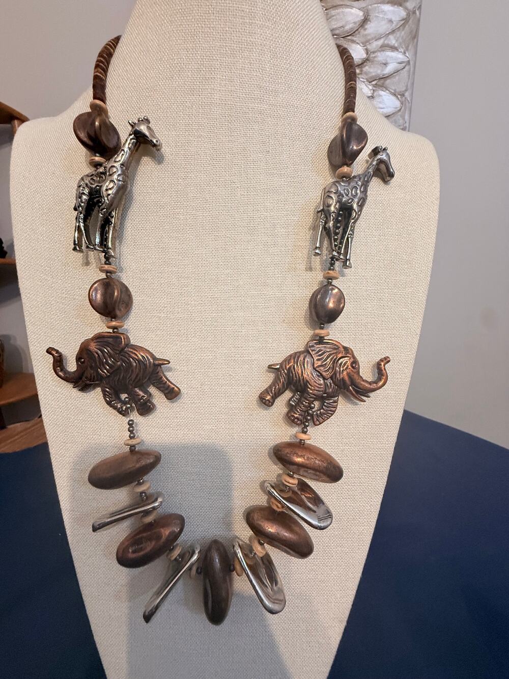 Vintage 26” Safari Animal Wood Metal Heishi Statement Necklace